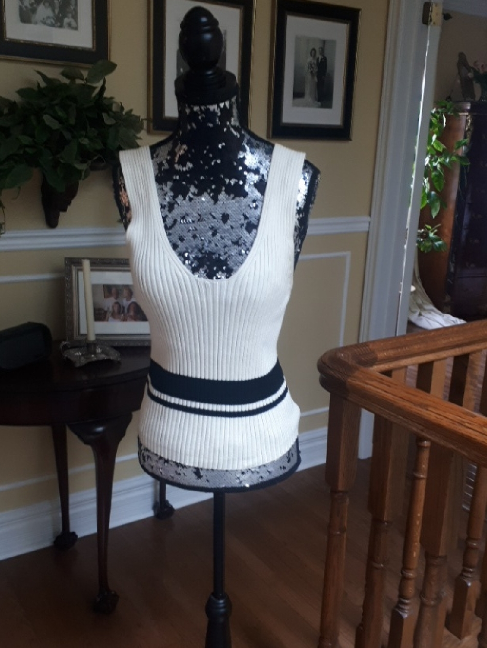 RODIER Cream Ribbed Tank Top with Black Stripe Waist